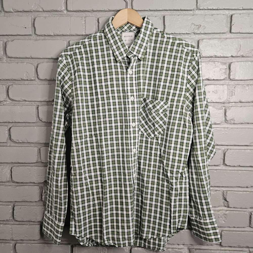 Billy Reid Mens Shirt Medium Green Plaid Standard Cut Button Up Long Sleeve